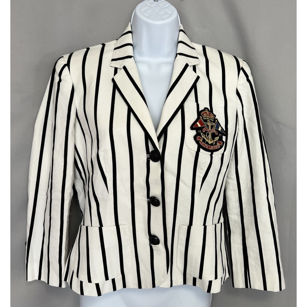 Lauren Ralph Lauren Striped Blazer Nautical Crest Patch Cotton Jacket Sm Read)
